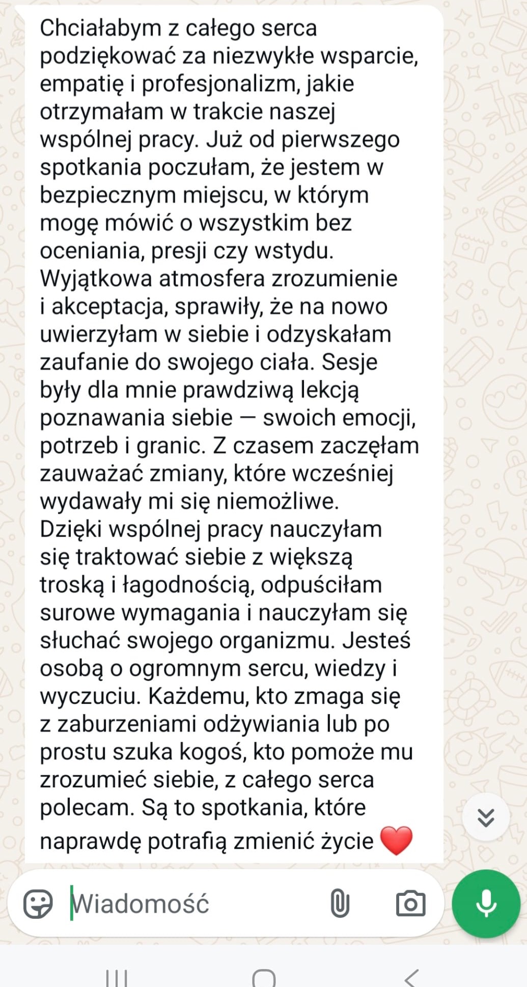 Wiadomość od podopiecznej z podziękowaniami za wsparcie