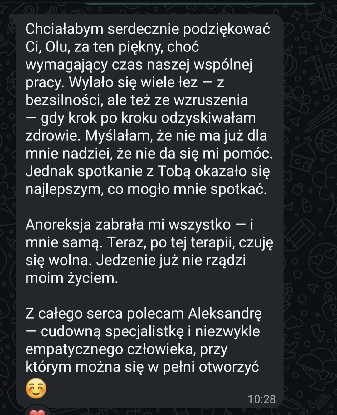 Wiadomość od podopiecznej o powrocie do zdrowia po anoreksji